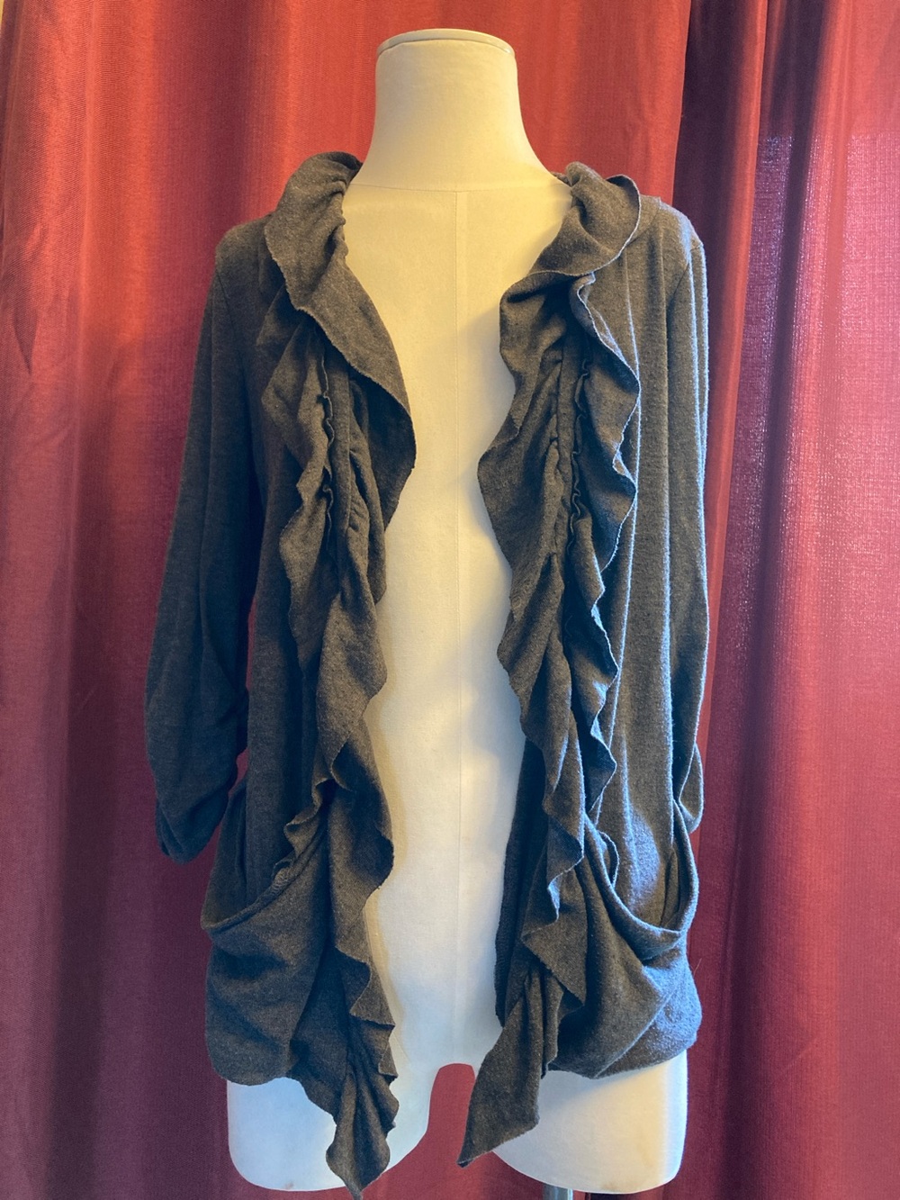 Three Pink Hearts 💕Trixxi ruffled Open-Front Women's Sweater Cardigan- Charcoal